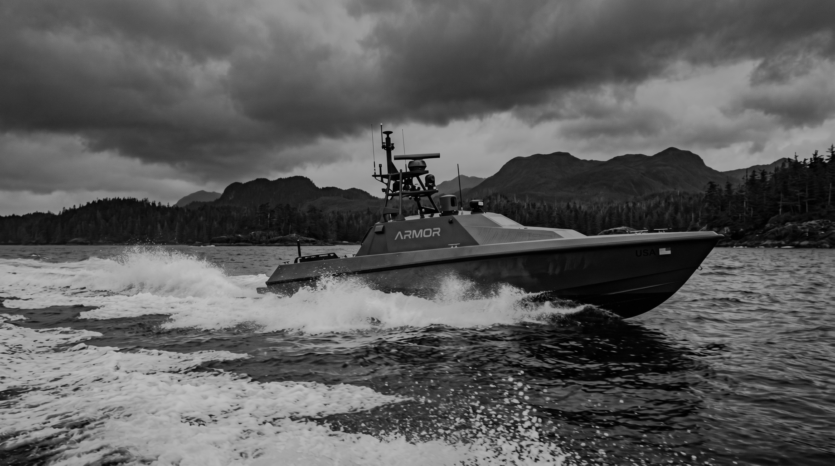 ARMOR autonomous maritime vessel cutting across rough coastal water