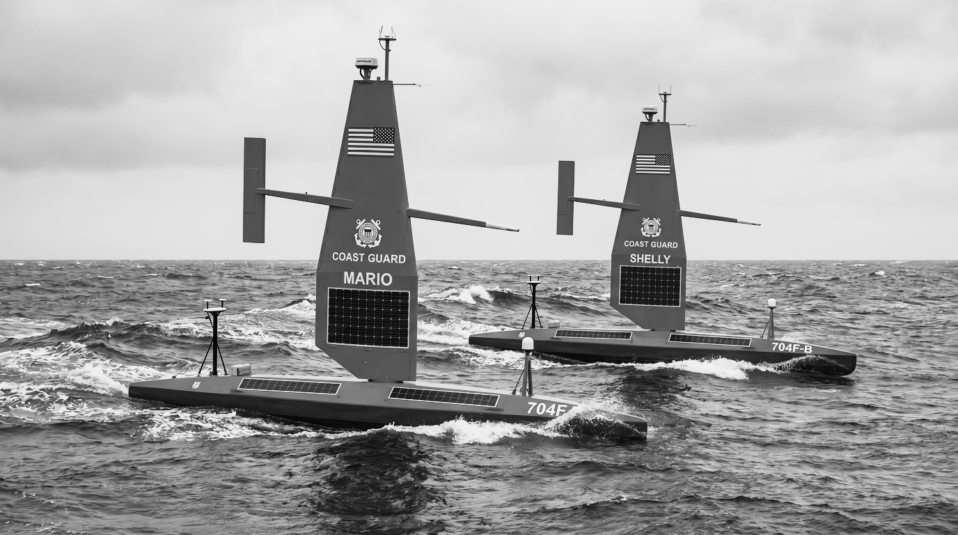 Two Coast Guard marked autonomous vessels operating in rough sea