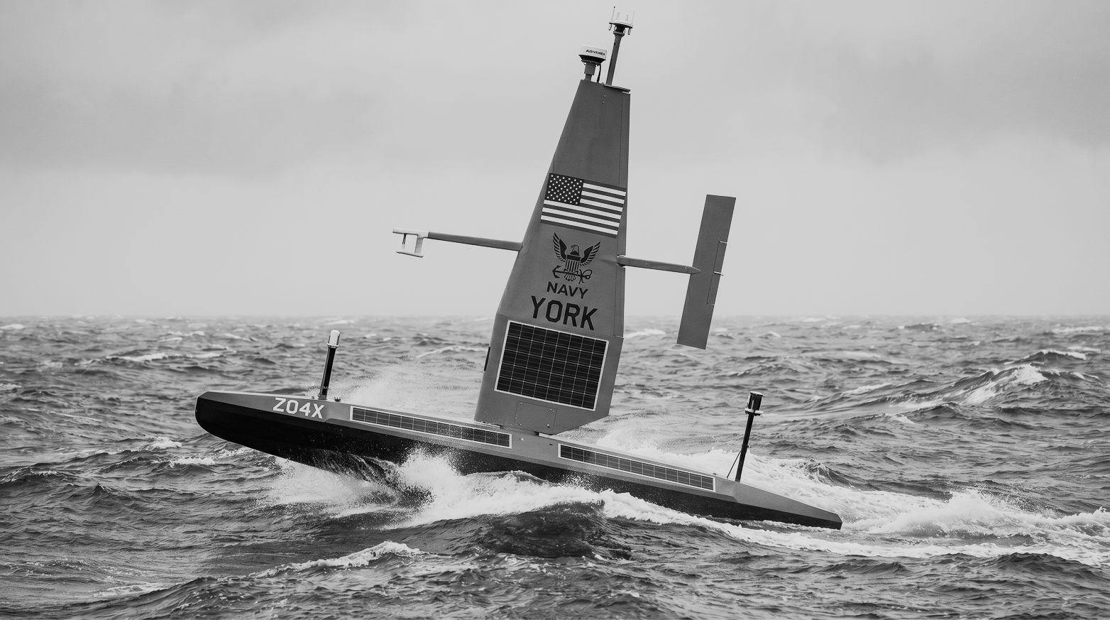 Autonomous Navy marked maritime vessel cresting over rough water
