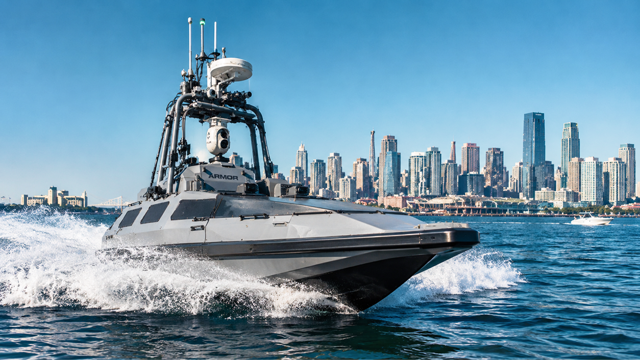 ARMOR platform underway in coastal water with a harbor skyline behind — physical reference for the SD-2014 scenario