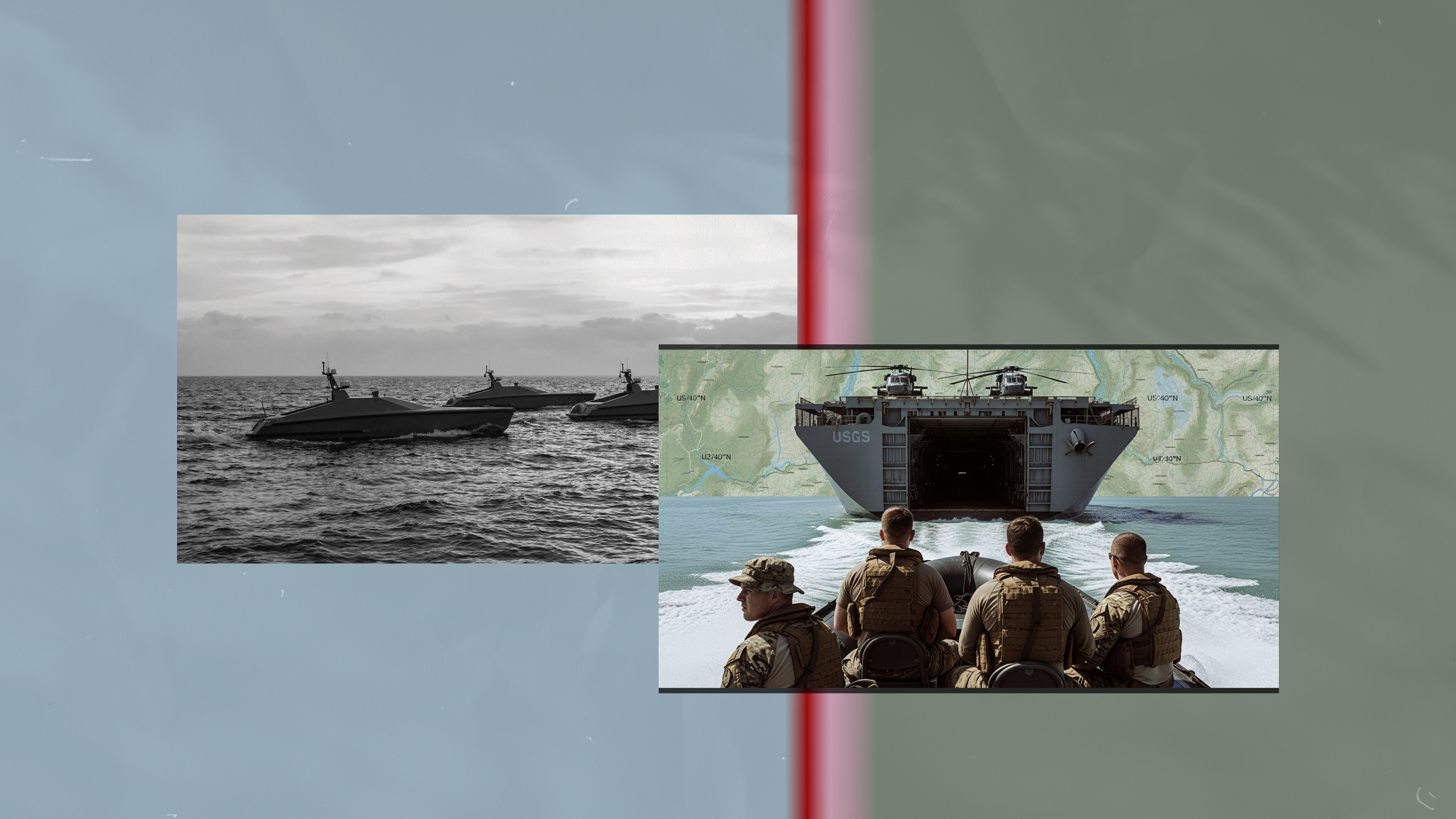 Composite maritime operation image with unmanned craft, map overlay, and launch vessel